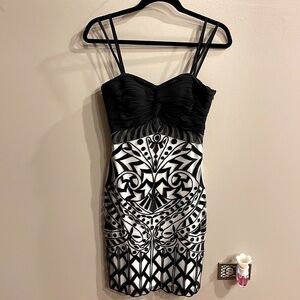 SUE WONG NOCTURNE Embroidered black mesh overlay on white satin dress cocktail 0